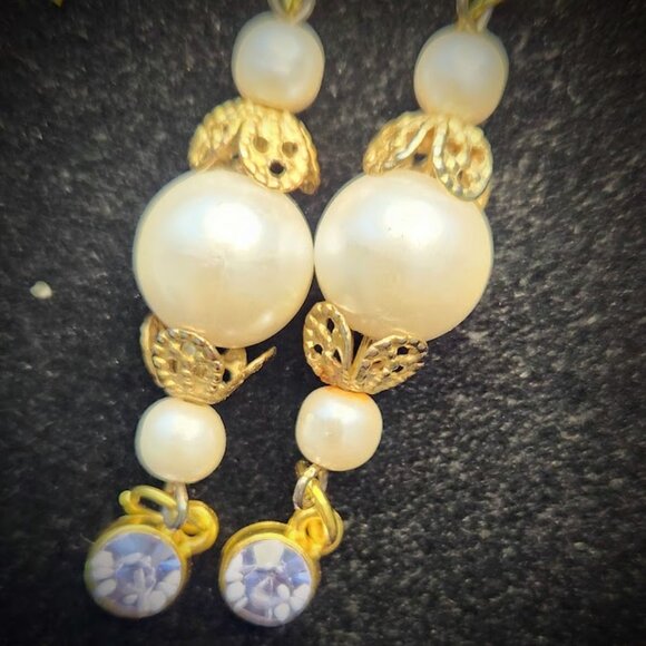 Handmade, Earrings with Upcycled Vintage Faux Pearls, Purple Crystal, Dangle - Picture 3 of 4